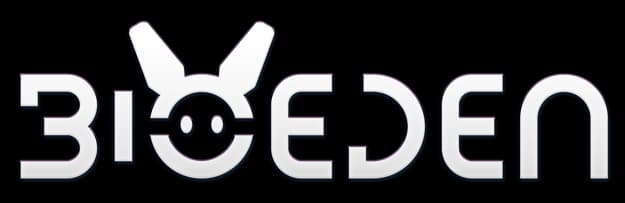 BioEden: Sleek rounded sci-fi letters with 3D bevel, purple glow, bunny-face O.
