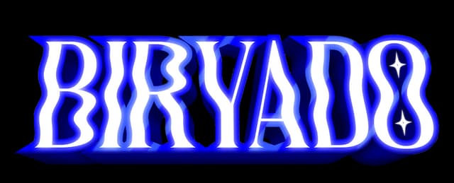 Biryado: Glowing wavy serif letters with neon outline, billiard-ball star in O.