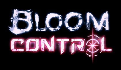 Bloom Control: Icy cracked blue title above neon pink techno text with crosshair O.
