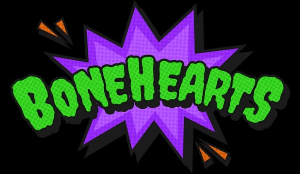 Bonehearts: Slime-green bubble letters with black outline on purple comic burst.