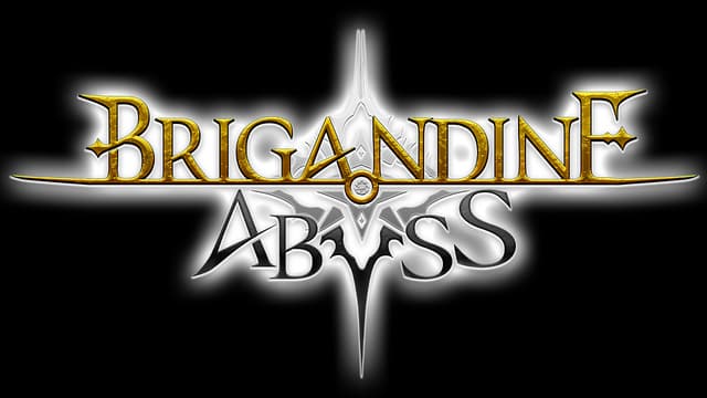 BRIGANDINE ABYSS: Gold serif title with sword-cross emblem, sharp silver ABYSS text.