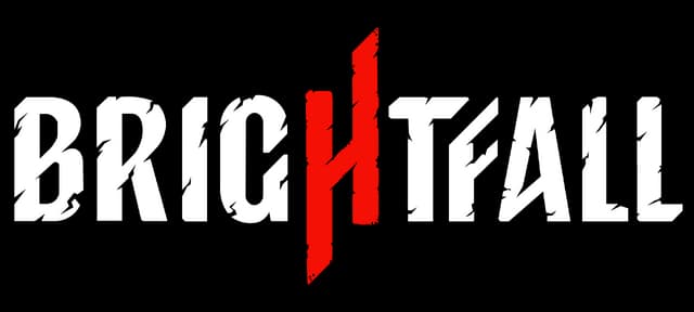 Brightfall: Bold distressed serif lettering with a red slash forming the central H.