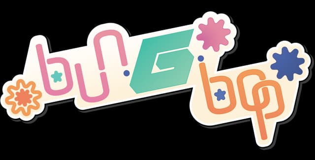 Bun G Bop: Tilted rounded letters with thick outline, pastel fills, starbursts.
