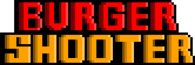 Burger Shooter: Chunky pixel font with sharp edges, red top text and gold bottom text.