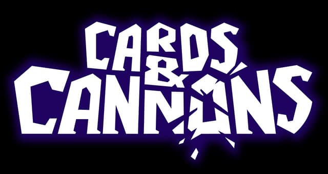 Cards & Cannons: Bold angular white lettering with cracked cannonball hole and shards.