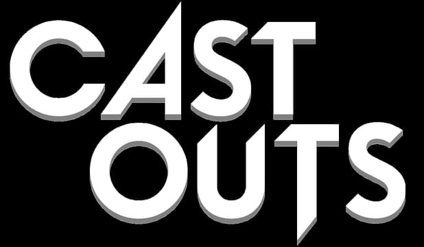 Cast Outs: Bold angled sans-serif caps with layered 3D bevel and long shadows.
