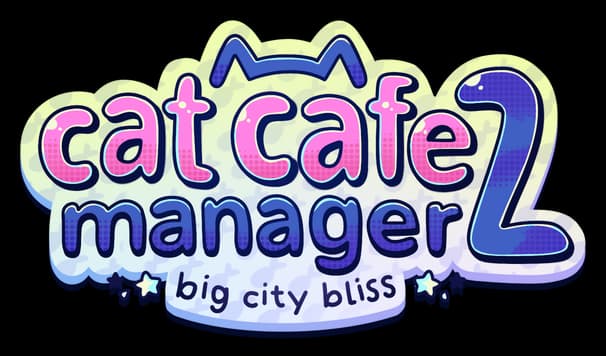 Cat Cafe Manager 2: Rounded bubble letters with cat ears, bold outlined, halftone fill.