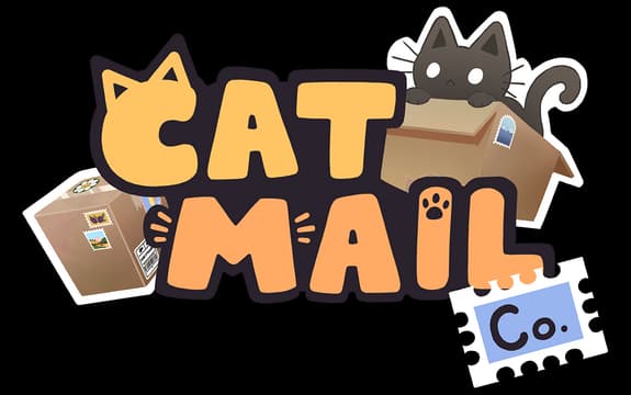 Cat Mail Co.: Chunky rounded letters with thick outline, cat in box, stamp-like Co.