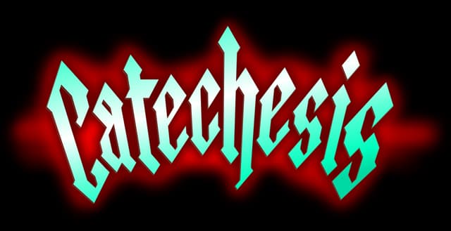 Catechesis: Jagged gothic lettering with cyan glow and thick red outer aura.