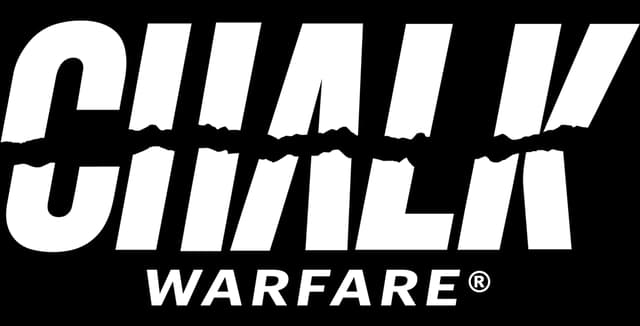 Chalk Warfare: Bold slanted block letters with torn split cut and gritty texture.