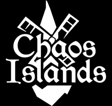 Chaos Islands: Bold rounded lettering over a sharp emblem with crossed sword shapes.