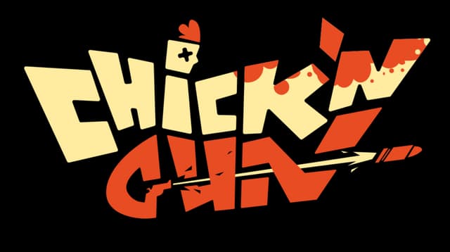 Chick N’ Gun: Chunky angled letters, cream-and-red splatter, arrow underlining text.