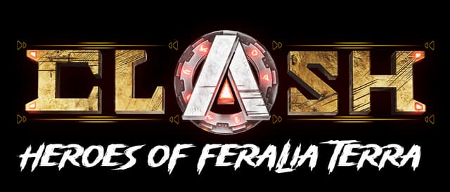 CLASH: Weathered gold stone letters with rune-lit metal A emblem and jagged tagline.