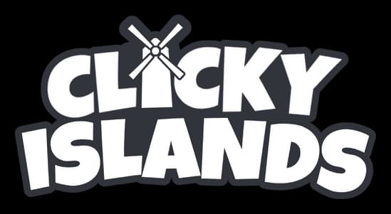 Clicky Islands: Bold rounded white letters with dark outline, windmill atop the I.