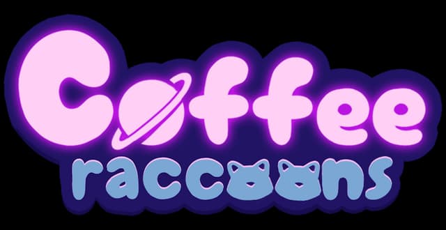 Coffee Raccoons: Rounded bubble letters with neon glow; ringed planet “o” and mask “oo”.