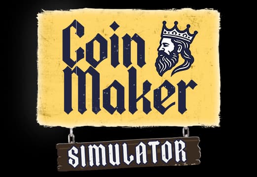 Coin Maker Simulator: Gothic blackletter with crowned king icon and hanging plaque text.