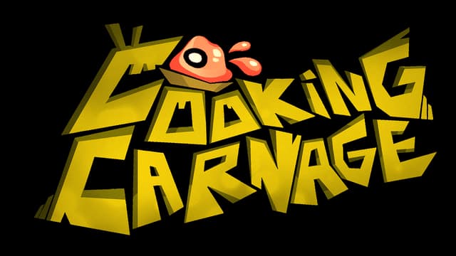 Cooking Carnage: jagged bold 3D yellow letters, skewed perspective, meat splatter accent.