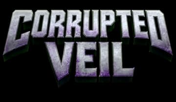 Corrupted Veil: Metallic 3D beveled block letters, arched title with purple grime.