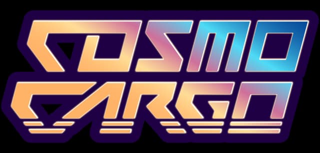Cosmo Cargo: Bold retro sci-fi lettering with neon gradient, sharp angles, thick outline.