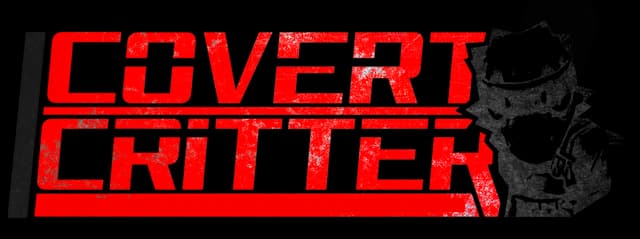 Covert Critter: Bold blocky stencil text with distressed texture and critter silhouette icon.