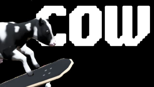 Cow: Bold block lettering with rough edges, paired with a skateboarding cow icon.