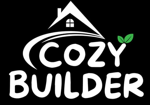 Cozy Builder: Bold rounded lettering under a roof icon, leaf accent on the Y.