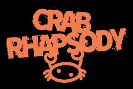 Crab Rhapsody: Bold rounded wordmark with crab claw emblem and subtle shadowing.