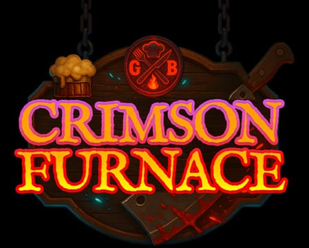 Crimson Furnace: Bold medieval serif lettering with fiery glow and beveled edges.