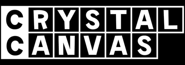 CrystalCanvas: Bold block letters in boxed grid, distressed stencil texture, thick border.