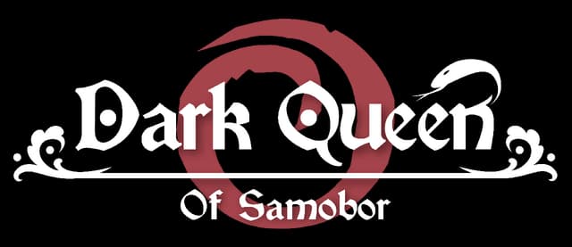 Dark Queen of Samobor: Gothic serif lettering over red brushstroke ring, underlined.