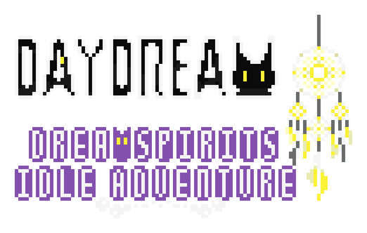 Daydream Cat: pixel block title with cat icon, purple ribbon subtitle, sparkles.
