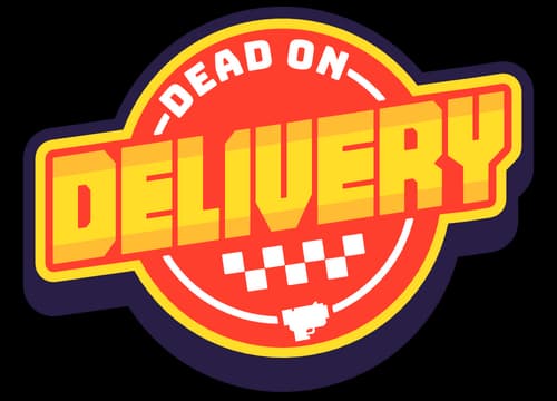 Dead on Delivery: Bold slanted block letters on circular badge, thick outline, checkers.