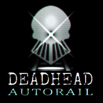 Deadhead: Glitchy pixel skull with scanlines above distressed serif title text.