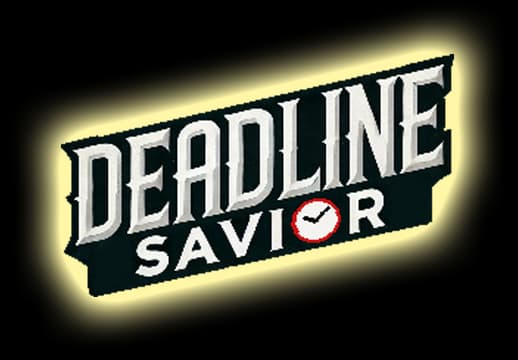 Deadline Savior: Angled bold serif wordmark with drop shadow, clock icon in O.