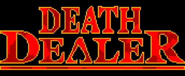 Death Dealer: bold pixelated serif text with red-orange gradient, thick outline, underline.