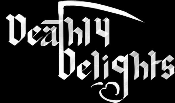 Deathly Delights: jagged gothic lettering with a soft glow and subtle shadow depth.