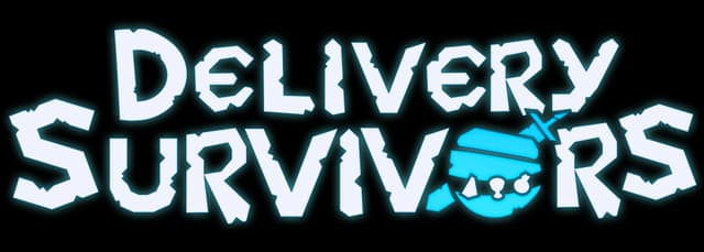 Delivery Survivors: Bold icy-blue block letters with thick outline and cracked texture effect.