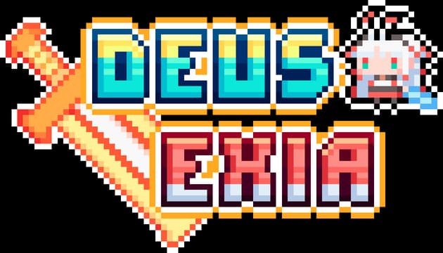 Deus Exia: Bold pixel-block letters with gradient fill, sword backdrop, thick outline.