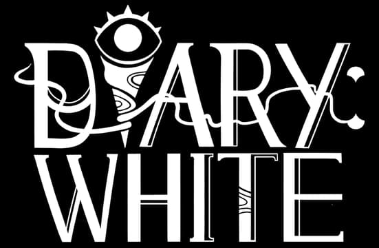 Diary: Distressed serif title, cracked texture, eye icon above, bold WHITE below.