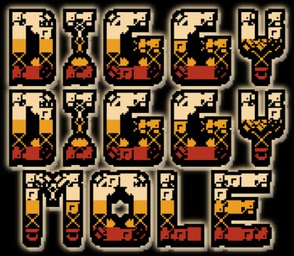 Diggy Diggy Mole: Chunky pixel-art letters with cave textures and bold outlined blocks.