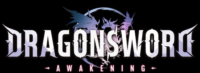 DragonSword: Bold serif letters with winged ends, dragon crest, neon AWAKENING tag.