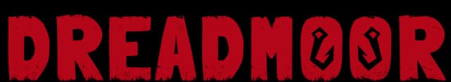 DREADMOOR: Bold red letters with angular line designs within the "O"s.