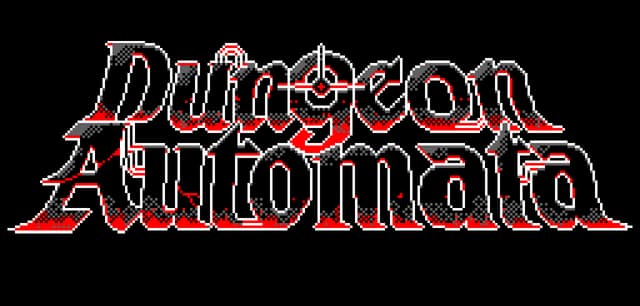 Dungeon Automata: Bold pixelated serif text with red glitch shadows and target crosshair icon.