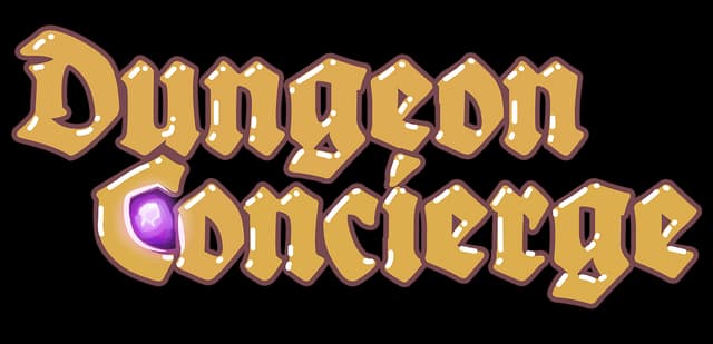 Dungeon Concierge: Chunky medieval gold lettering, beveled highlights, purple glow inset O.