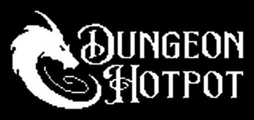 Dungeon Hotpot: Gothic serif lettering with bold outline, dragon silhouette curling left.