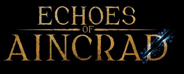 Echoes of Aincrad: Gold beveled serif text with underline, blue shard-sword flare.