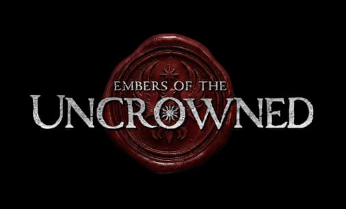 Embers of the Uncrowned: Metallic serif lettering over red wax seal with crest icon.