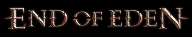 End of Eden: Weathered serif lettering with beveled metal shine and dark outline.