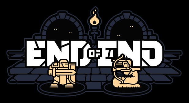 End of End: Bold block lettering with stone arches, torch icon, and outlined figures.