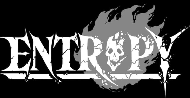 Entropy: Distressed bold serif wordmark with skull in the O and flame-like strokes.